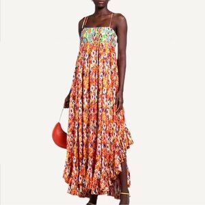 MSGM Floral Pleated Ruffle Maxi Dress Size 42 US 6 in Orange/Multicolor